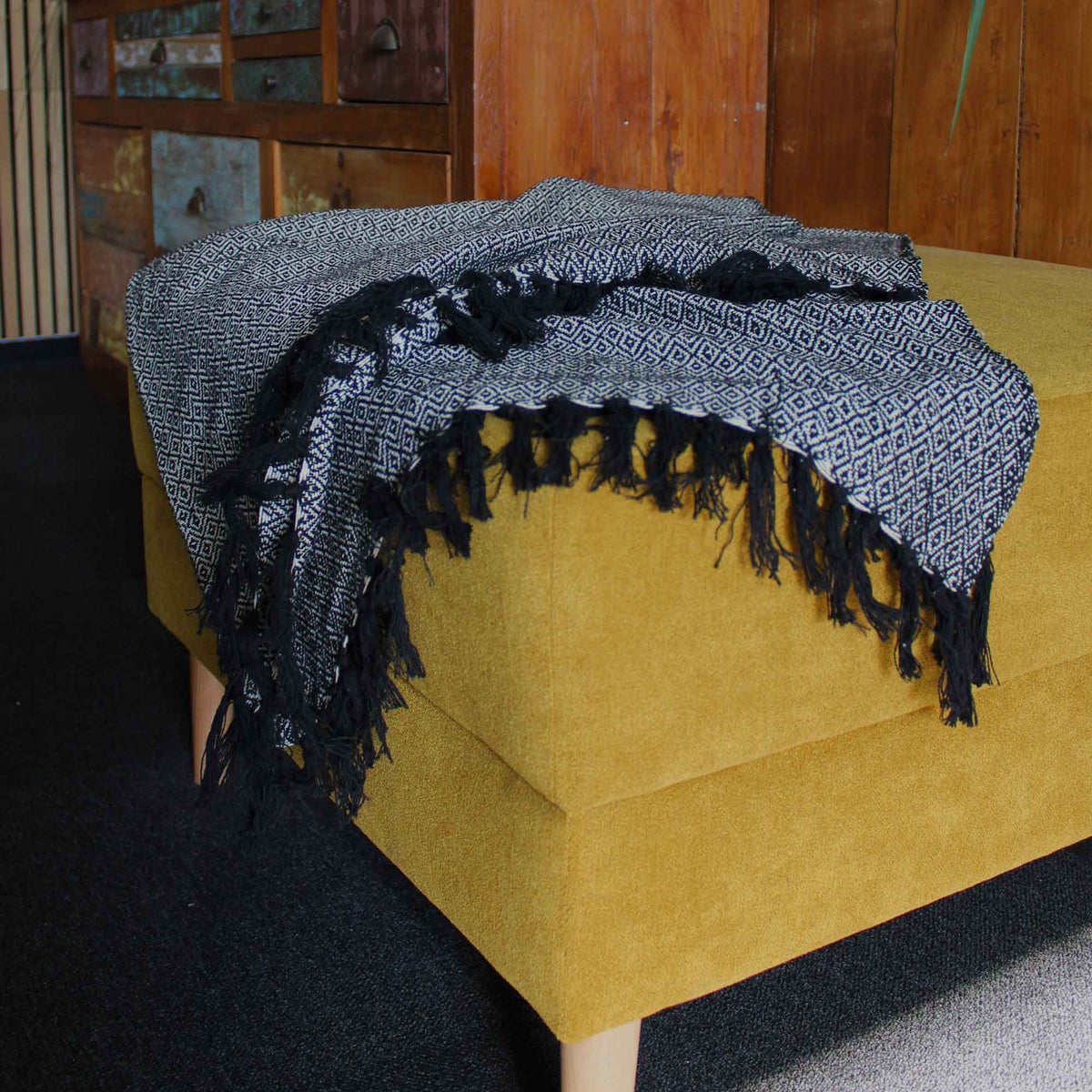 Charcoal cotton throw with dark tassel fringe