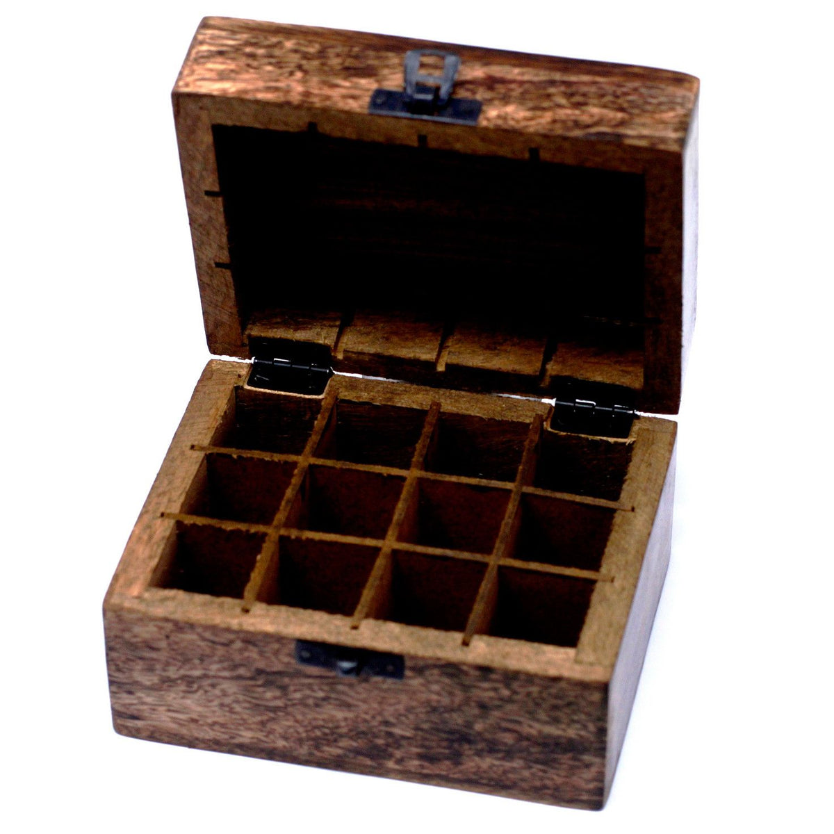 Carved mango wood essential oil storage box for 12 bottles