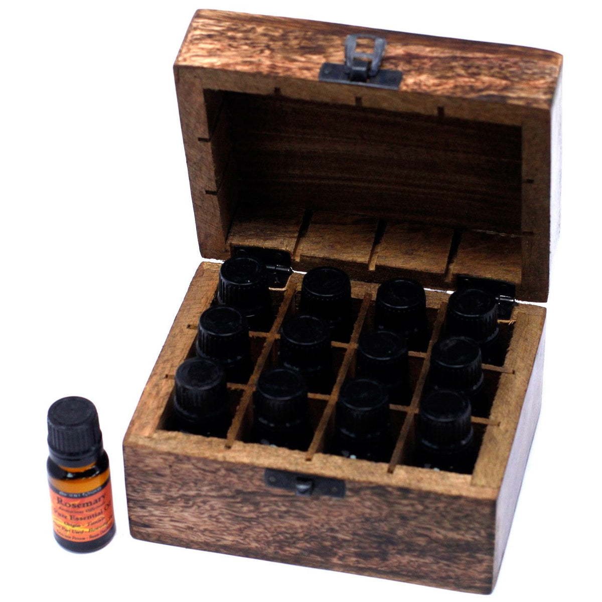 Carved mango wood essential oil storage box for 12 bottles
