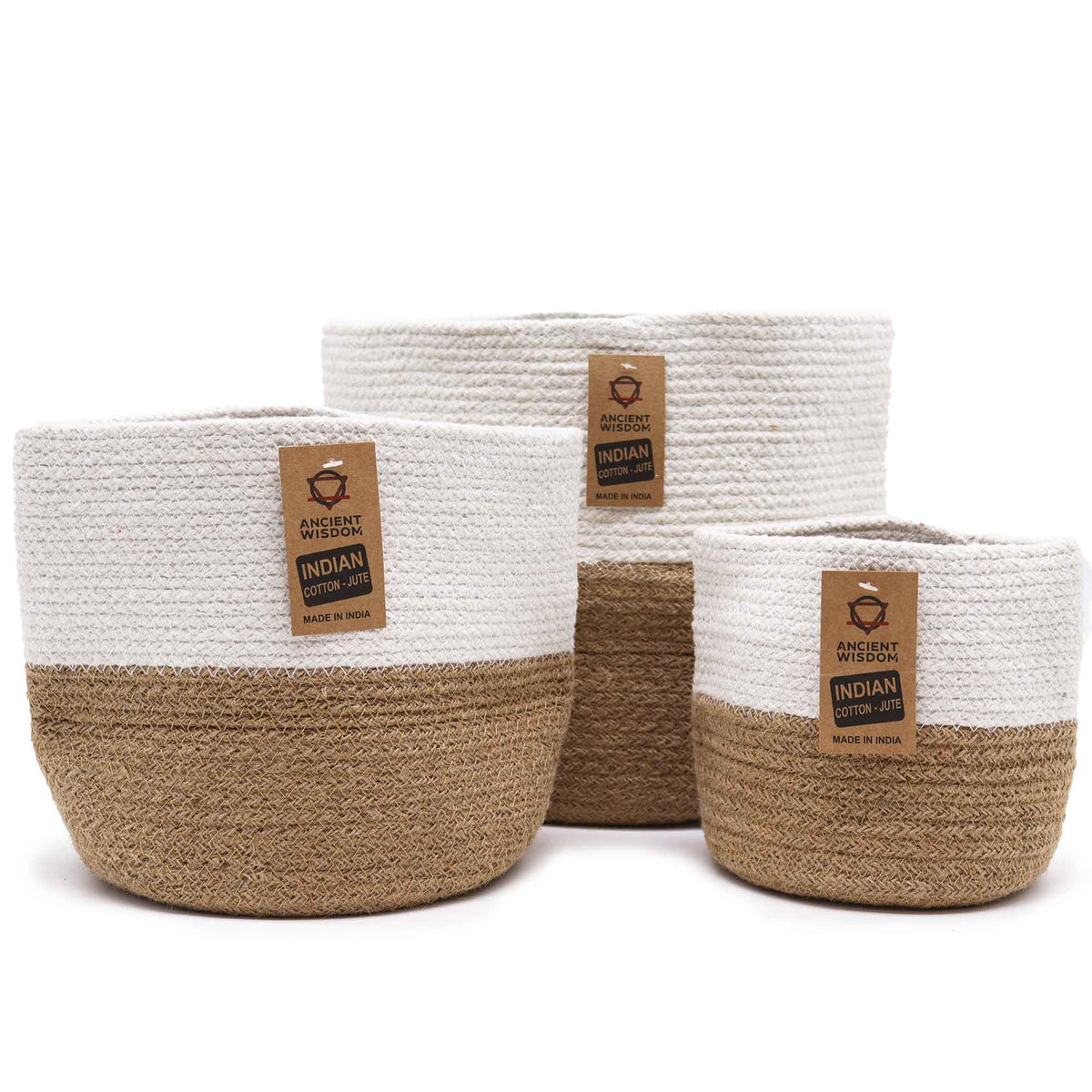 White cotton rope storage baskets, set of three