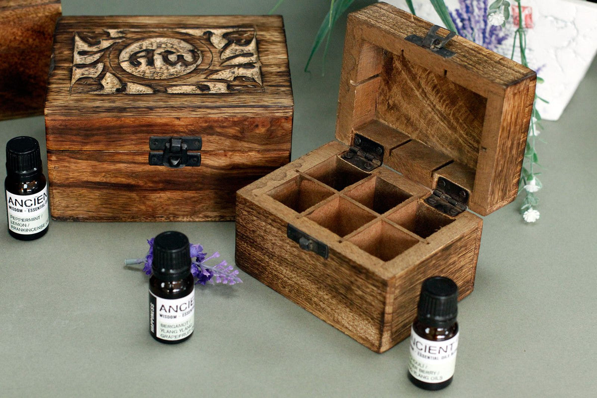 Carved mango wood essential oil storage box for 12 bottles