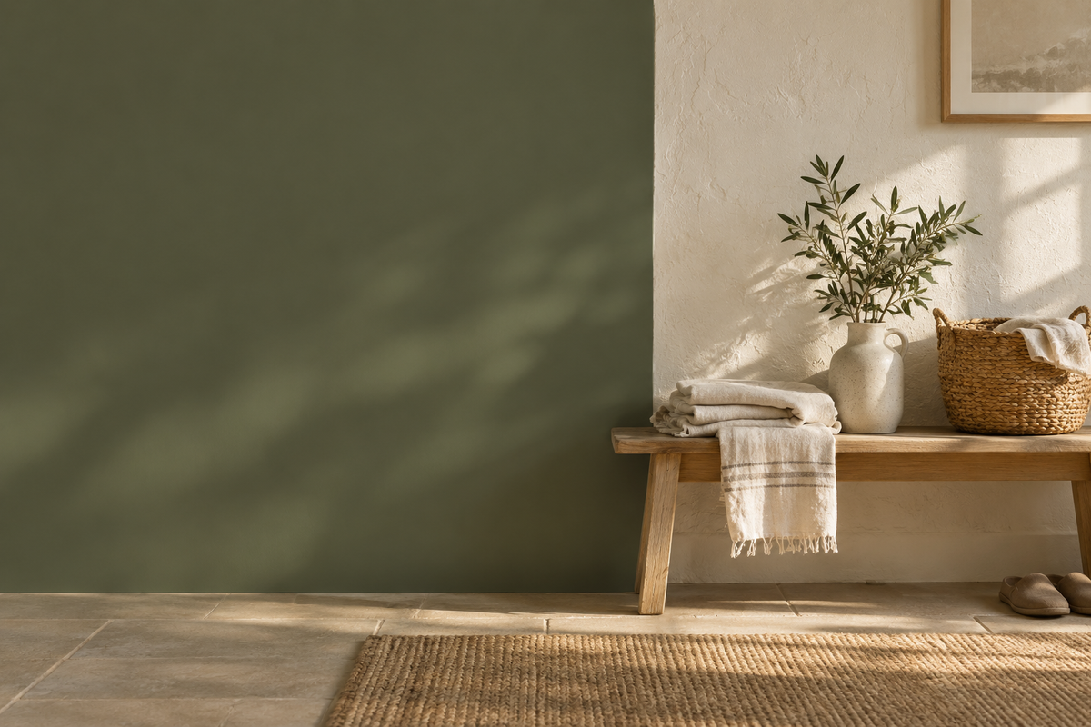 A calm home interior with natural textures and neatly arranged linens